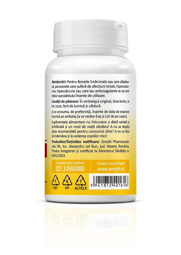Vitamina D3 + K2 + Ca + Mg Complex, 30 capsule