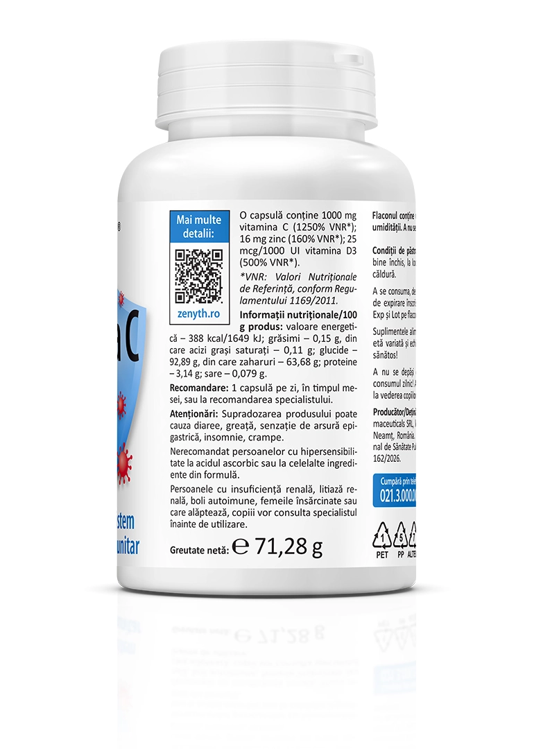 Vitamina C +D3 +Zn, 60 capsule