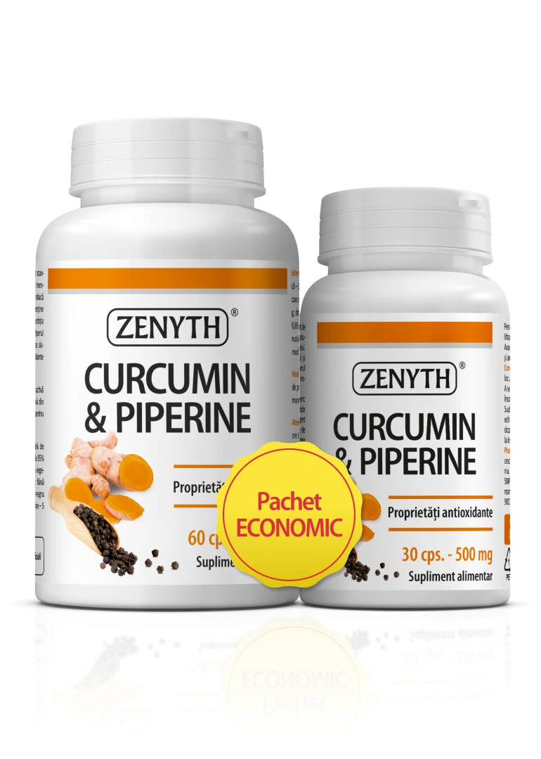 Curcumin si Piperina 500 mg Zenyth 90 capsule - supliment natural antiinflamator si antioxidant pentru articulatii, digestie si sanatate cardiovasculara