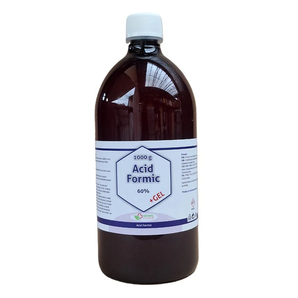 Flacon de 1000g Acid Formic 60% Gel pentru apicultură, utilizat pentru combaterea Varroa destructor, moliei cerii și dezinfectarea stupilor și ramelor apicole.
