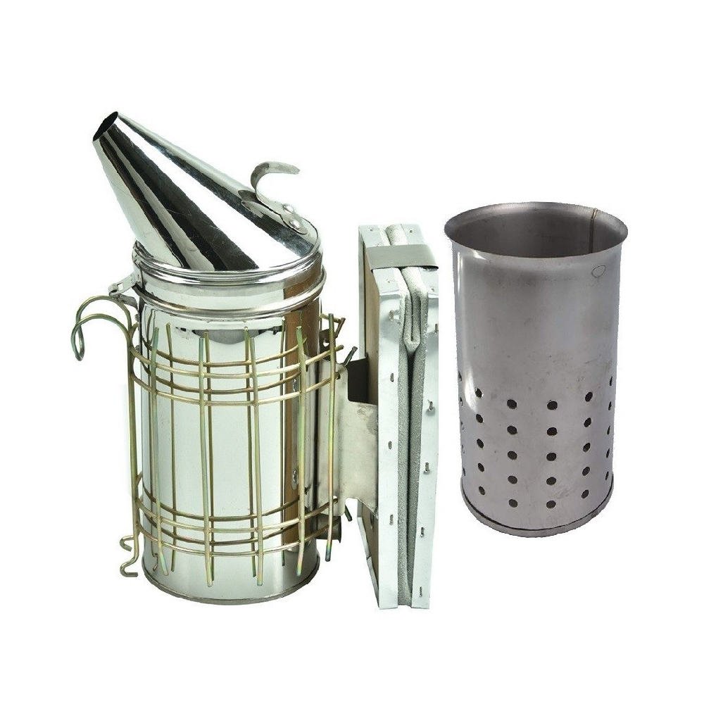 Afumător apicol din inox cu pahar perforat, grilaj de protecție, capac conic și burduf din lemn cu piele ecologică
