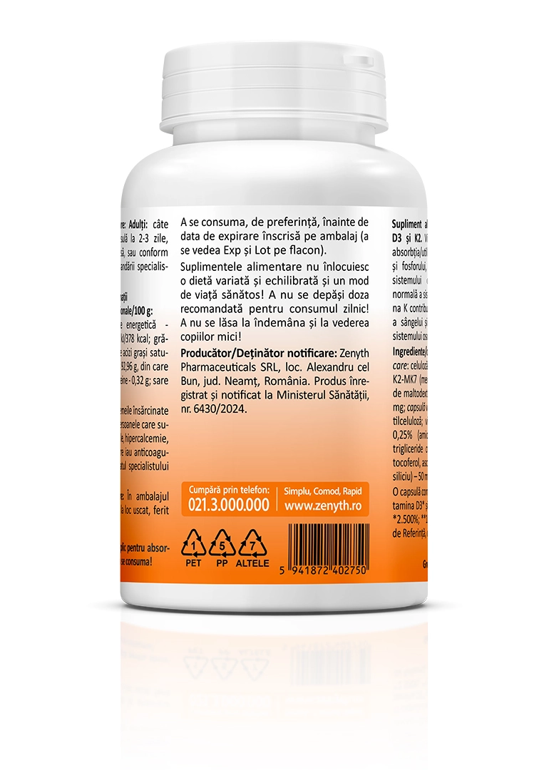 Vitamina D3 5000 UI + K2 Forte, 120 capsule
